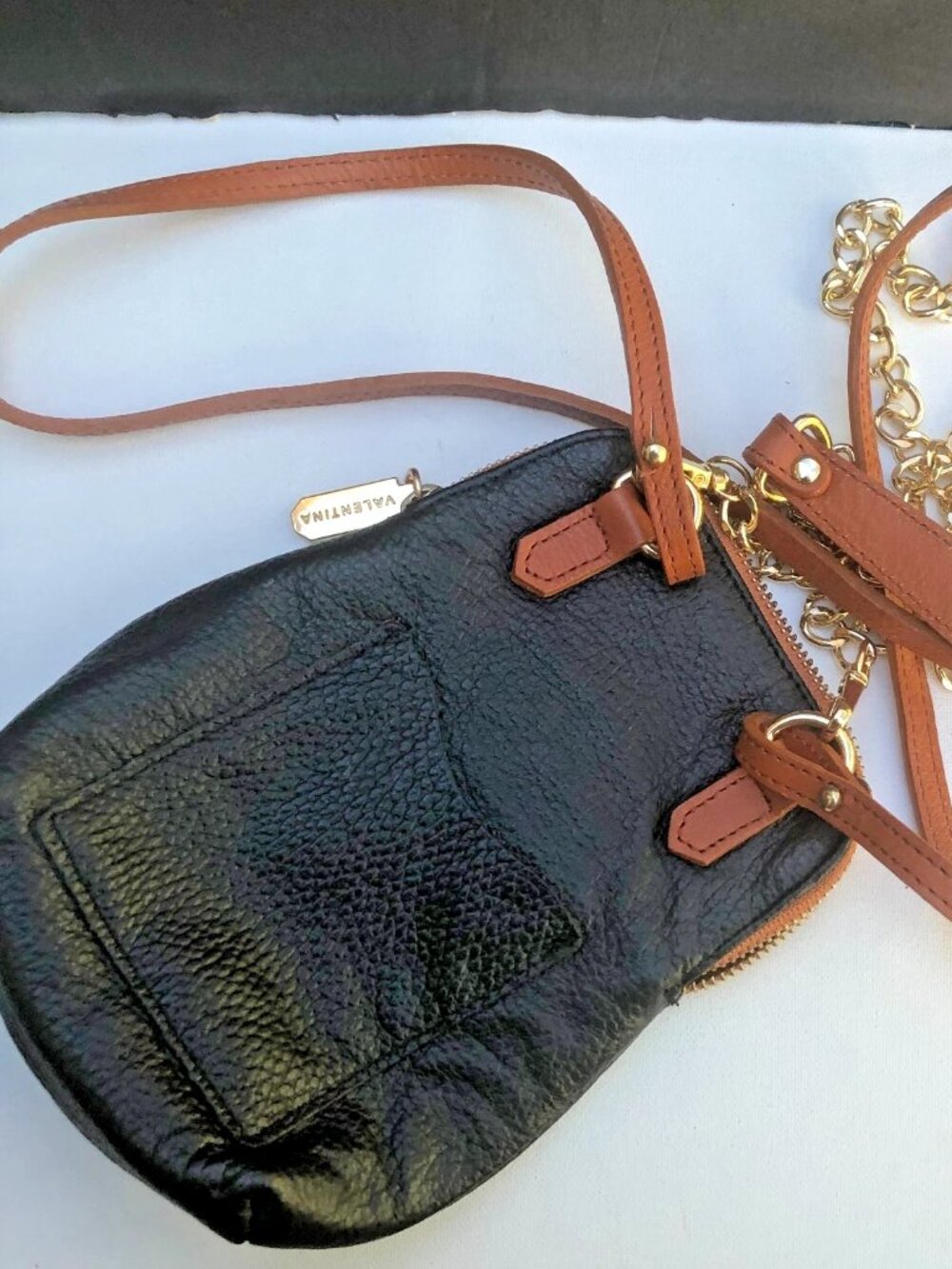 Valentina Italian Leather Black Crossbody Phone Bag Purse Chain Leather straps